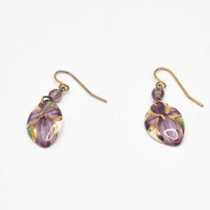 Vintage Ceramic Hand Painted Purple Flower Small Dangle Hook Earrings Artisan